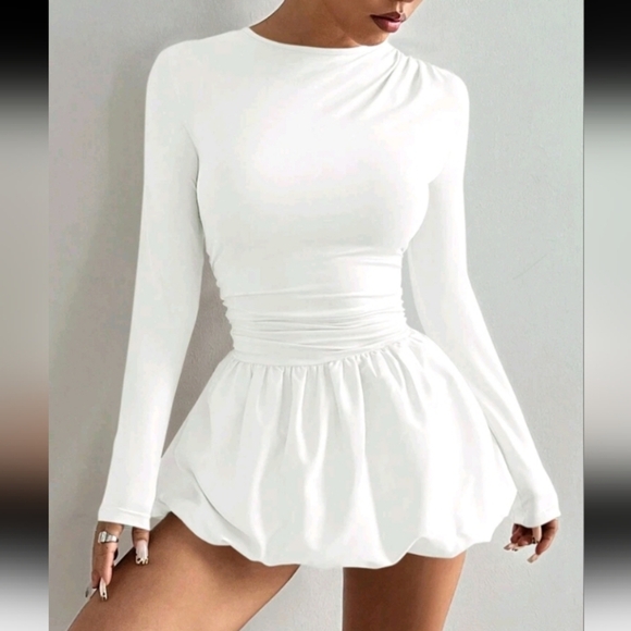 Dresses & Skirts - Women's Solid Color Round Neck Long Sleeve Ruched Simple Casual Skort